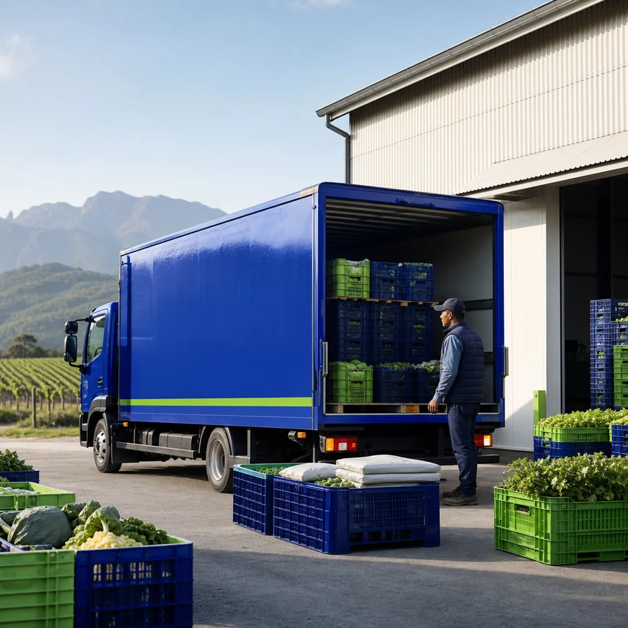 Blue agricultural transport truck loading fresh produce crates at a farm
