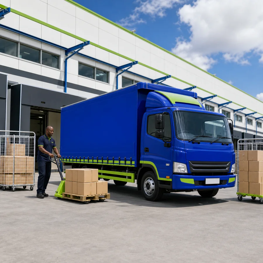 Blue distribution truck with organised cartons and rolling cages at a depot